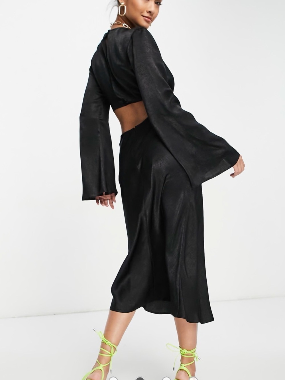 ASOS Black Satin Tie-Front Cut Out Midi Dress - Picture 2 of 9